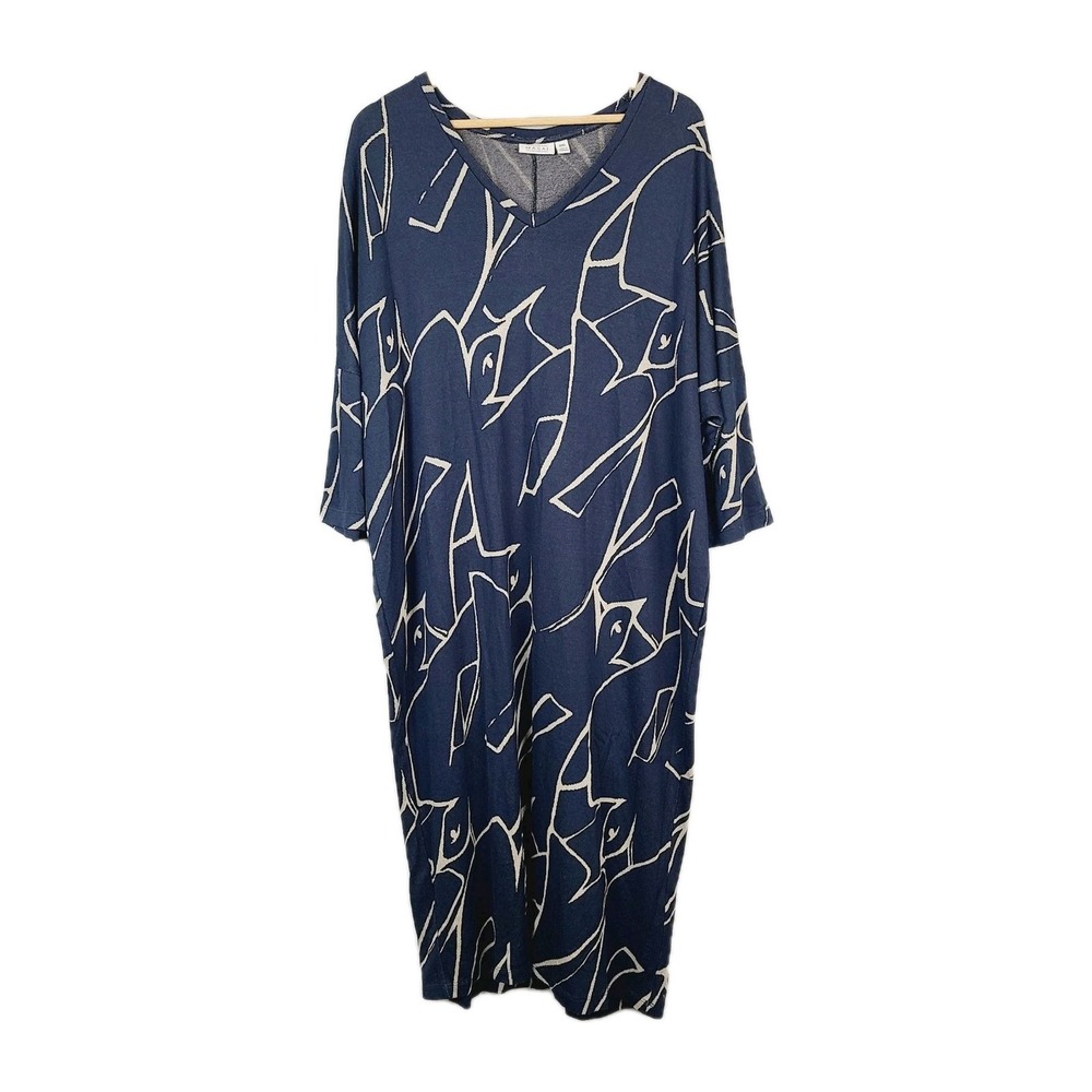 Masai Copenhagen Knit‎ Sweater Dress 2XL Blue Beige Nasiso Print V-Neck Shift